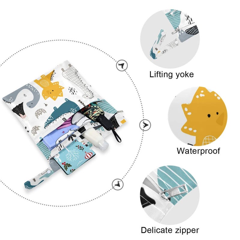 KEEPREAL 2Pcs Travel Wet and Dry Bag, Reusable Wet Bags Organizer with Two Zippered Pocket for Cloth Diaper, Swimsuit, Gym Clothesï¼ŒDino Scandinavian Style - Image 4