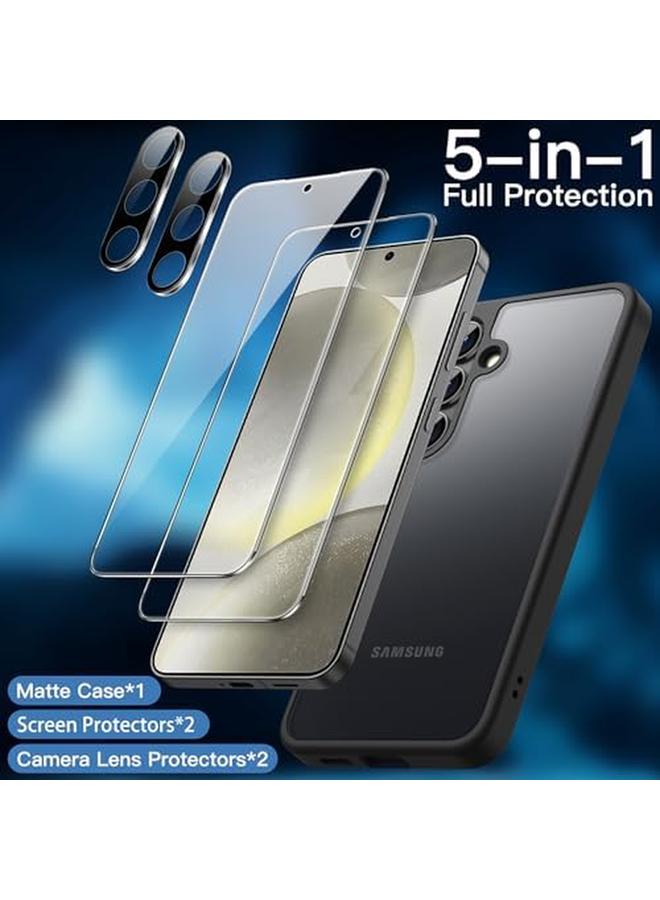 جي تيك جراب غير لامع 5 في 1 لهاتف Samsung Galaxy S24 5G مع قطعتين من واقي الشاشة وواقي عدسة الكاميرا وغطاء خلفي شفاف واقٍ للهاتف من الزجاج المقوى باللون الأسود - Image 3