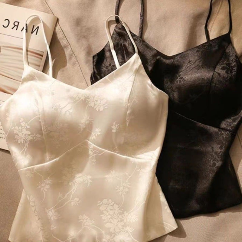 French Jacquard Satin Camisole Vest New Chinese Top Strap Chest Pad Short Base Strapless Beautiful Top Niche - Image 1