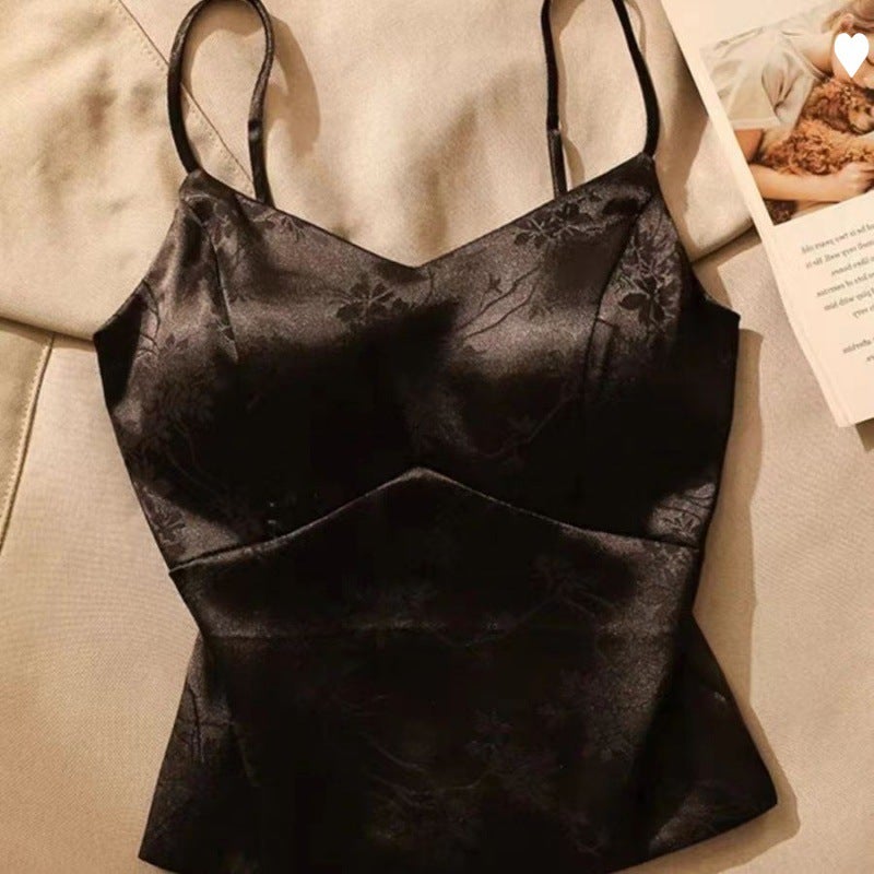 French Jacquard Satin Camisole Vest New Chinese Top Strap Chest Pad Short Base Strapless Beautiful Top Niche - Image 5