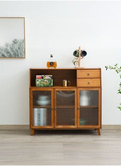 LEDIN Bamboo Storage Cabinet,Kitchen Pantry Cupboard with Spacious Tabletop,Sideboard Cabinet with 2 Drawers and 3 Clear Doors,Freestanding Storage Rack with Legs,for Dining Room, Kitchen, Entryway (Brown)  - Image 4
