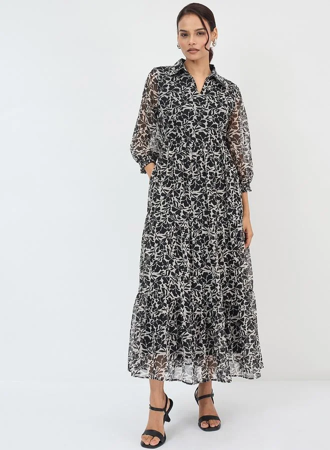Femmella Black and White Floral Print Tiered Maxi Dress