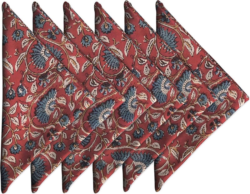 AVKA Studio Cotton Dinner Napkins 18x18 inches  Washable Cloth Napkins Set of 6  Everyday Use or Dinner Party and Events  Red Blue Lightweight Indian Block Printed Soft Fabric by Craftbot - Image 1