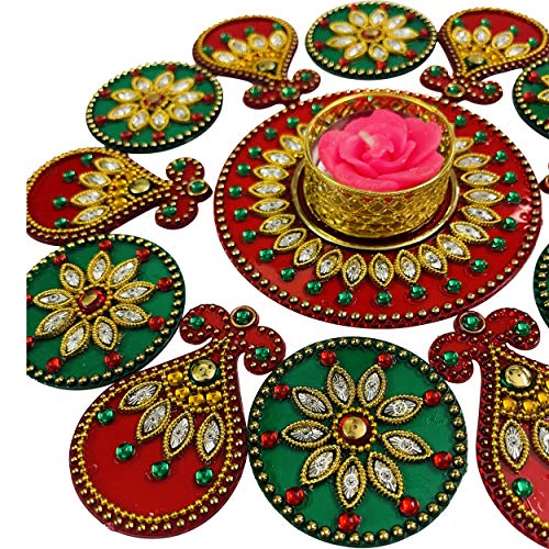 Krisah Small Acrylic Rangoli with T Light Holder Multicolour Handicraft Jewel Stone Decorations(Red) - Image 2