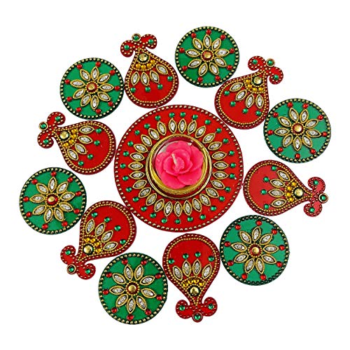 Krisah Small Acrylic Rangoli with T Light Holder Multicolour Handicraft Jewel Stone Decorations(Red) - Image 3