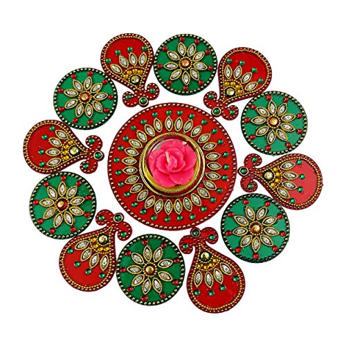 Krisah Small Acrylic Rangoli with T Light Holder Multicolour Handicraft Jewel Stone Decorations(Red) - Image 5