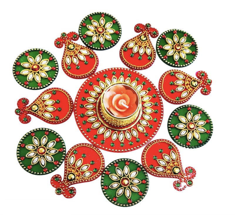 Krisah Small Acrylic Rangoli with T Light Holder Multicolour Handicraft Jewel Stone Decorations(Red) - Image 1