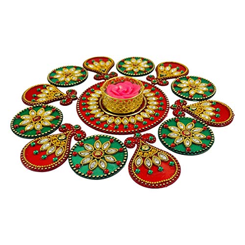 Krisah Small Acrylic Rangoli with T Light Holder Multicolour Handicraft Jewel Stone Decorations(Red) - Image 4