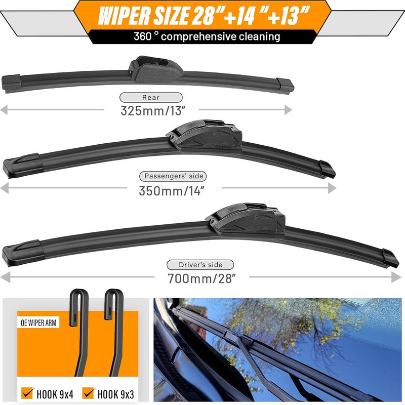 AUTOBOO 28"+14" Windshield Wipers with 13 Inch Rear Wiper Blade Replacement for Hyundai Elantra 2012-2016,Hyundai Elantra GT 2013 2014 2015 2016 2017 -Original Factory Quality (Pack of 3) - Image 3