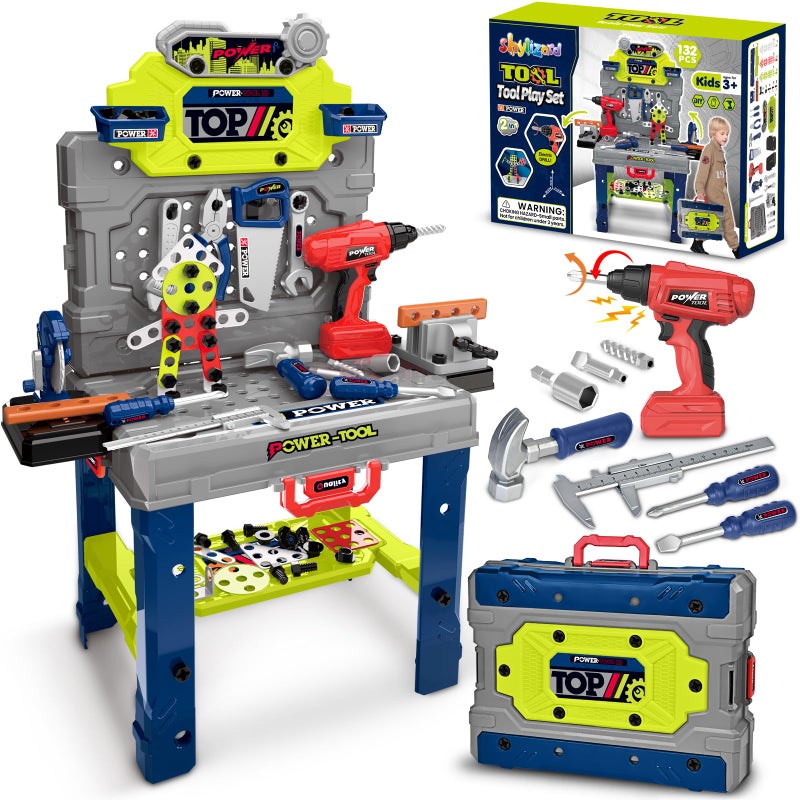 ShyLizard Kids Tool Bench with Realistic Electric Drill, 132 PCS Toddler Tool Set, Birthday Toys for Kids Ages 3 4 5 6 7 8, Toddlers Tool Box & Workbench, Kids Tool Set for Boys 3-5 6-8 (Green) - Image 1
