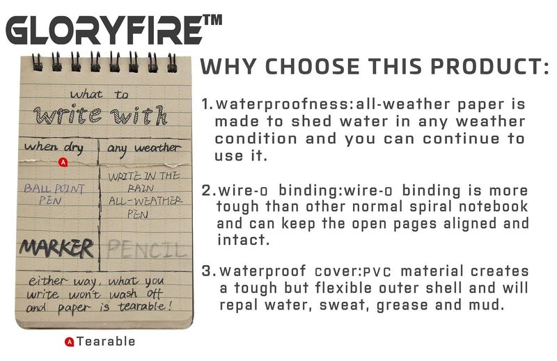 GLORYFIRE Waterproof Notebook Tactical All-Weather Spiral Memo Paper Notepad with Waterproof Grid Paper for Outdoor Activities Recording 3"x5" (5pcs) - Image 2