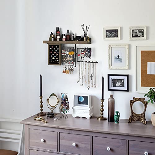 SOLIMINTR Hanging Jewelry Organizer Wall Mount Holder with Rustic Wood Shelf, Ring Display Box, Ear Studs Earring Holder, Rotating Necklace for Gothic Goth Accessories - Image 4
