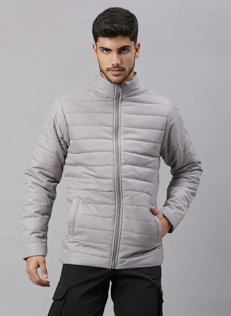 Grey Regular Fit Men's Solid Polyester Jacket with Spread Collar and Full Sleeves