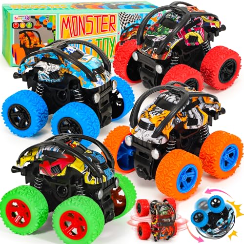 SevenQ Monster Truck Toys Cars for Boys 4 Pack Race Cars Party Favors for Kids Push and Go Flip Stunt Pull Back Cars Toddler Toys Classroom Prizes Christmas Goodie Bag Stuffers Birthday Gifts - Image 1