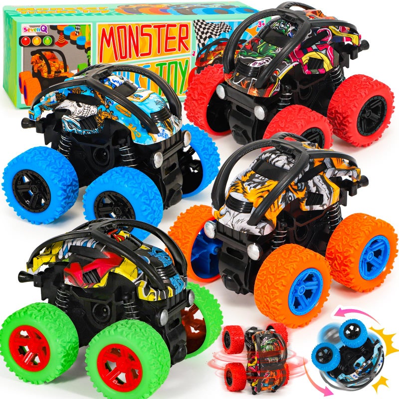 SevenQ Monster Truck Toys Cars for Boys 4 Pack Race Cars Party Favors for Kids Push and Go Flip Stunt Pull Back Cars Toddler Toys Classroom Prizes Christmas Goodie Bag Stuffers Birthday Gifts - Image 3