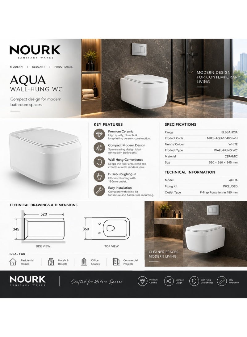 نورك مرحاض معلق من السيراميك NOURK Elegancia Aqua Tornado، مزود بغطاء مقعد من مادة UF وطقم تثبيت، الأبعاد 520 × 360 × 345 مم، اللون أبيض. - Image 1