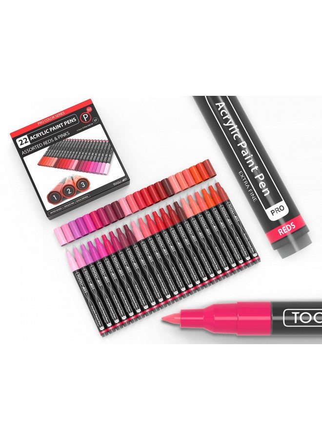 TOOLI-ART Acrylic Paint Pens 22 Red & Pink Tones Assorted Pro Color Series Markers Set 0.7mm Extra Fine Tip for Rock Painting, Glass, Mugs, Wood, Metal, Canvas, Projects, Non Toxic, Waterbased, Quick Drying - Image 1