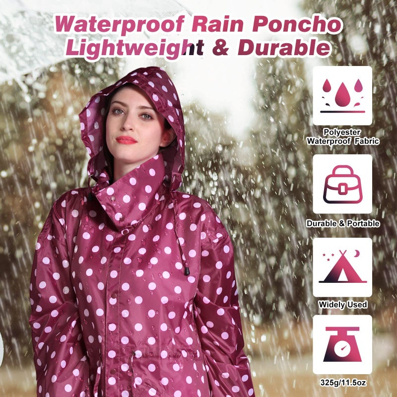 LAMA Womens Long Raincoats Rain Jacket Waterproof Packable Outdoor Hooded Windbreaker Lightweight Adjustable Waist for Outdoors(Red Point, XL) - Image 3