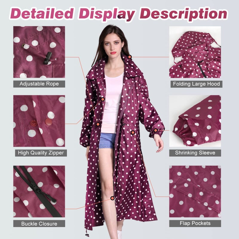 LAMA Womens Long Raincoats Rain Jacket Waterproof Packable Outdoor Hooded Windbreaker Lightweight Adjustable Waist for Outdoors(Red Point, XL) - Image 4