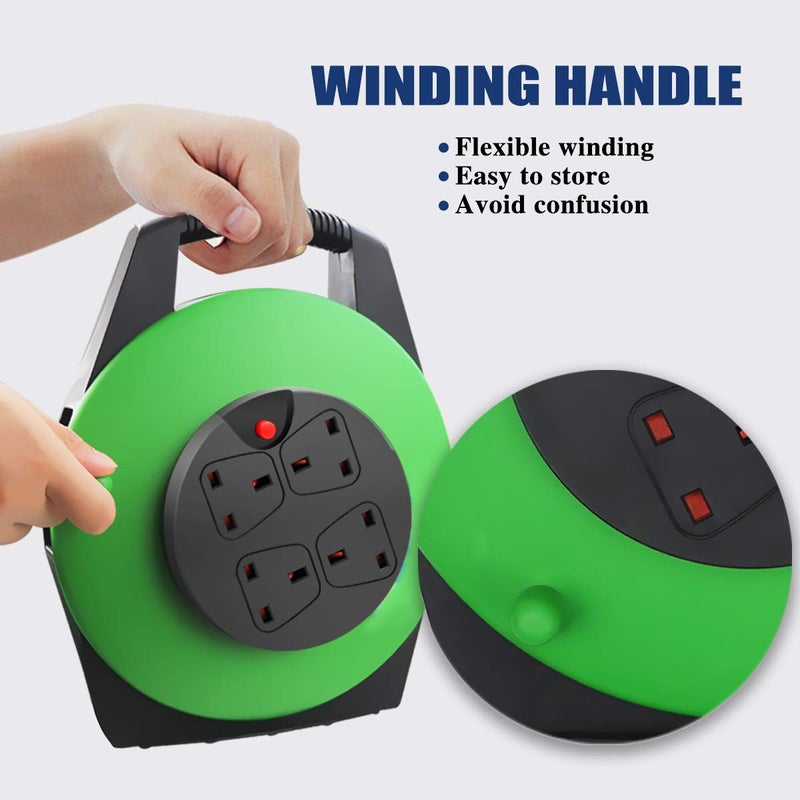 ExtraStar 13A Electrical Extension Reel, 4 Sockets Cable Reel with Winding Handle 1100W/3120W Thermal Cut Out, Heavy-Duty Extension Lead with 10 Metre Extension Cord - Green - Image 2