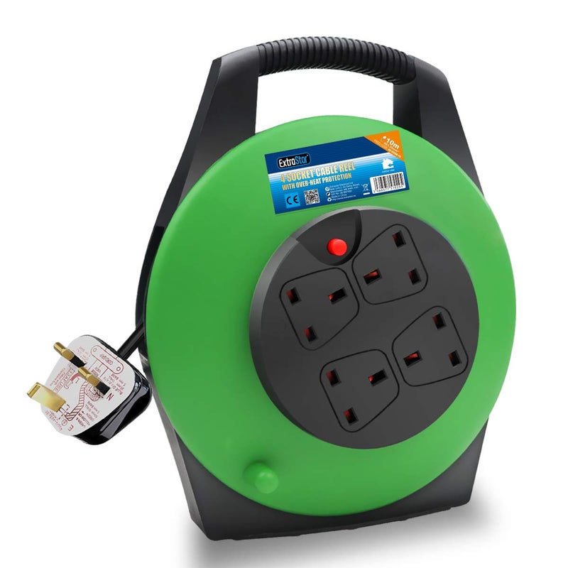 ExtraStar 13A Electrical Extension Reel, 4 Sockets Cable Reel with Winding Handle 1100W/3120W Thermal Cut Out, Heavy-Duty Extension Lead with 10 Metre Extension Cord - Green - Image 1
