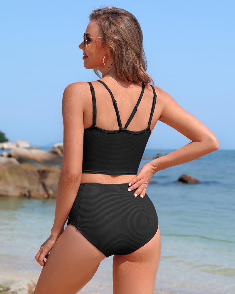 Charmo High Waisted Two Piece Swimsuit for Women Black Bikini Sets Ribbed Criss Cross Bathing Suit with Pockets - Image 2