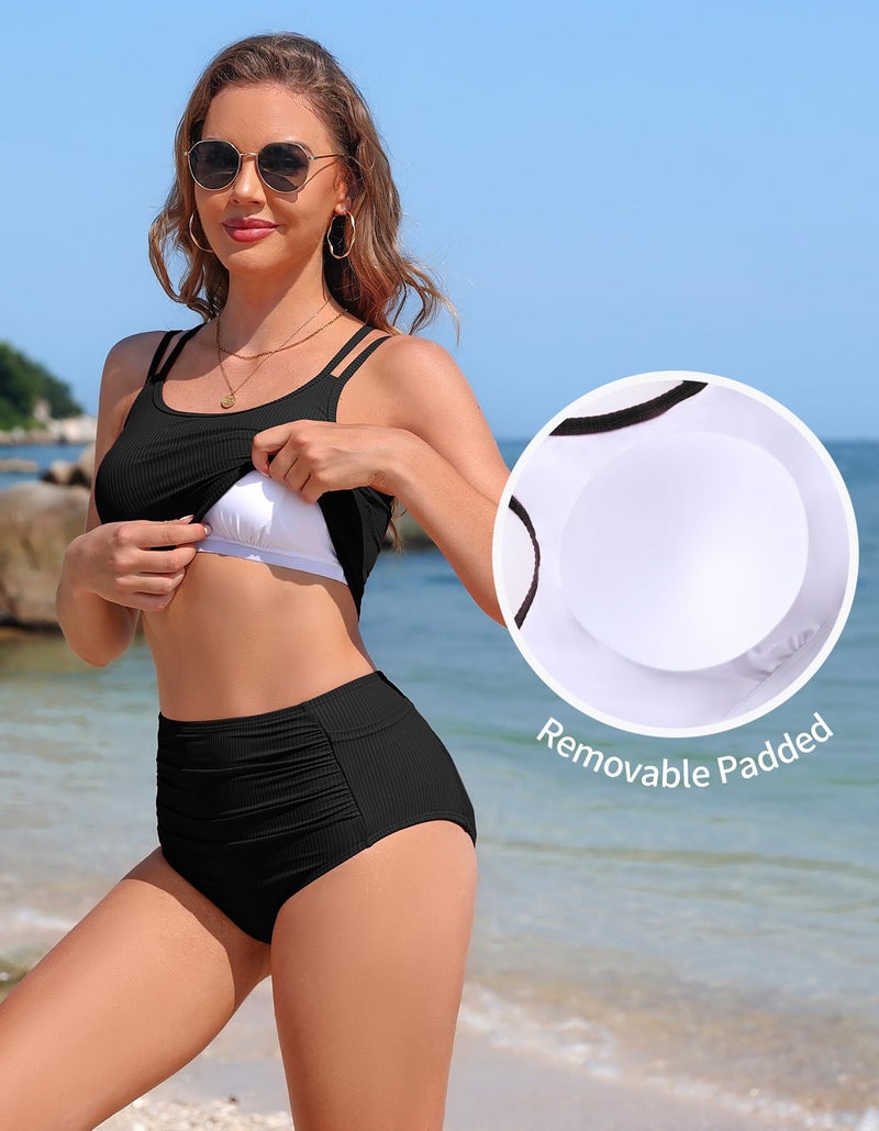 Charmo High Waisted Two Piece Swimsuit for Women Black Bikini Sets Ribbed Criss Cross Bathing Suit with Pockets - Image 4