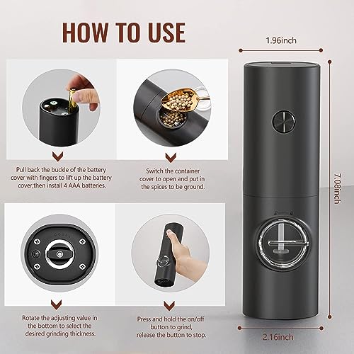 AVIARA™ Electric Salt and Pepper Grinder with Adjustable Coarseness, Pepper Grinder refillable, Battery Operated Salt Grinder with LED Light, Electric Pepper Grinder, One-Handed Operation (Pack of 1) - Image 2