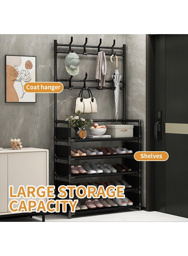 2 in 1 Shoe Rack, Multi-Purpose Coat Rack with Double-Row Hooks, 5-Layer Storage, Suitable for Living Room, Corridor, Office Use