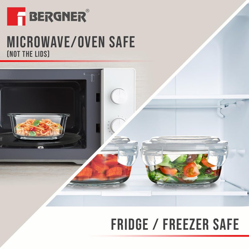 BERGNER BERGNER Fresh Lunch Premium 3 Pcs Lunch Box Set - Microwave Safe and Leak Proof 3 Glass Containers (400ml Each) with BPA Free Lids, Fabric Bag with Shoulder Strap, Dishwasher Safe - Transparent/Grey  - Image 3
