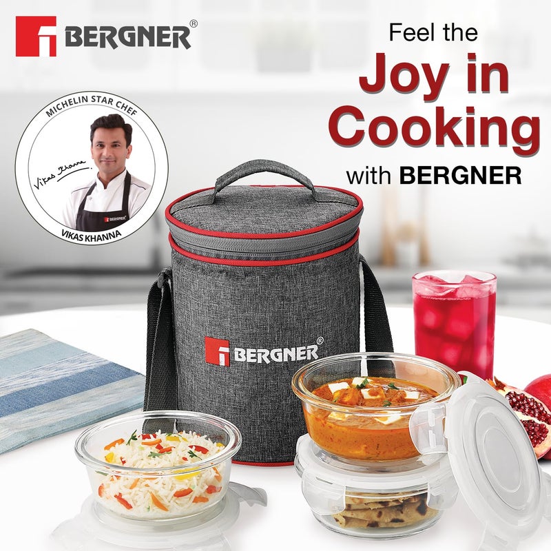 BERGNER BERGNER Fresh Lunch Premium 3 Pcs Lunch Box Set - Microwave Safe and Leak Proof 3 Glass Containers (400ml Each) with BPA Free Lids, Fabric Bag with Shoulder Strap, Dishwasher Safe - Transparent/Grey  - Image 2