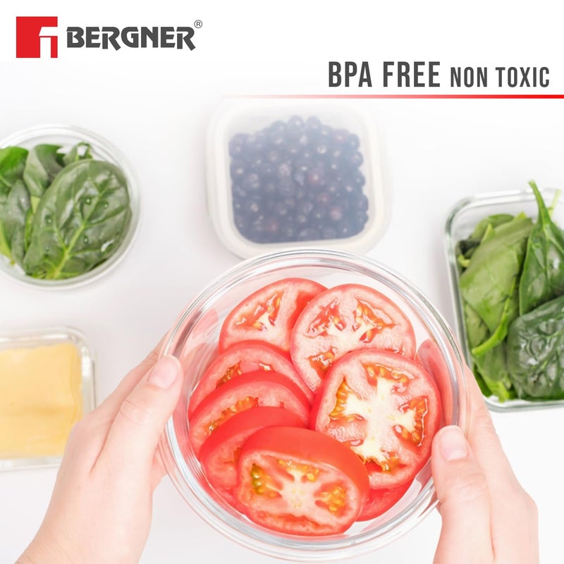 BERGNER BERGNER Fresh Lunch Premium 3 Pcs Lunch Box Set - Microwave Safe and Leak Proof 3 Glass Containers (400ml Each) with BPA Free Lids, Fabric Bag with Shoulder Strap, Dishwasher Safe - Transparent/Grey  - Image 4