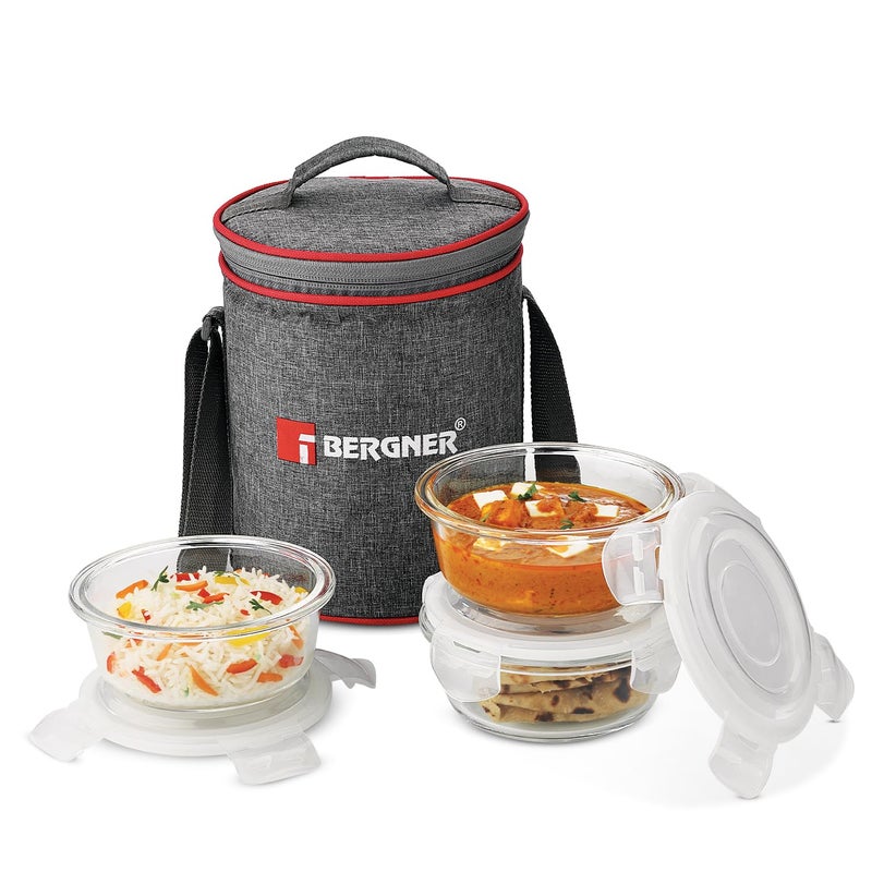 BERGNER BERGNER Fresh Lunch Premium 3 Pcs Lunch Box Set - Microwave Safe and Leak Proof 3 Glass Containers (400ml Each) with BPA Free Lids, Fabric Bag with Shoulder Strap, Dishwasher Safe - Transparent/Grey  - Image 1