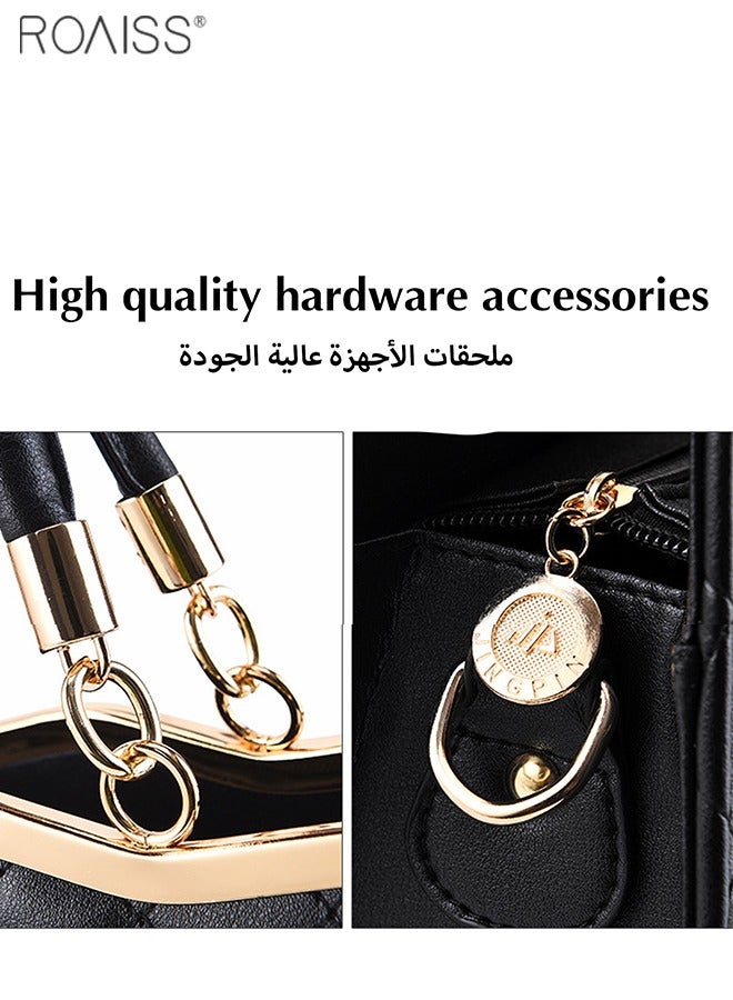 رويس حقيبة يد نسائية من الجلد الصناعي بنقشة مربعات، حقيبة كتف أنيقة، حقيبة كروسبودي متعددة الجيوب بسحاب، لون أسود، 30 × 10 × 20 سم - Image 4
