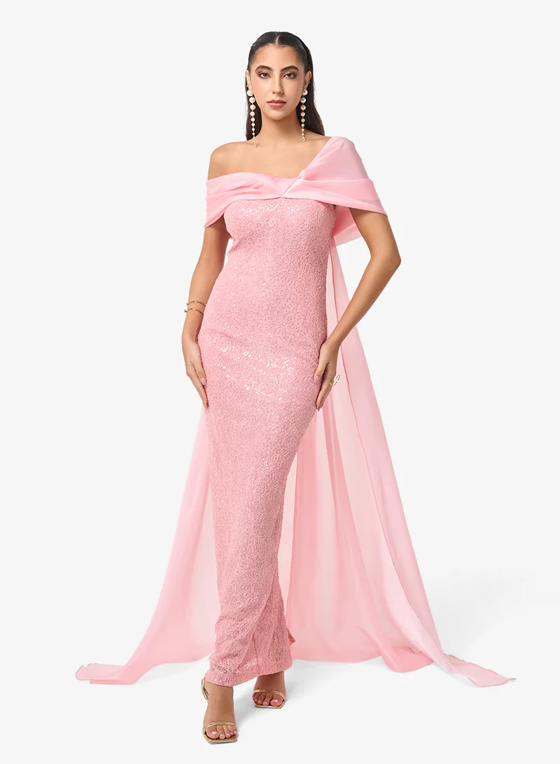 Threadz by Ajooni One Shoulder Cape Detailed Maxi Dress