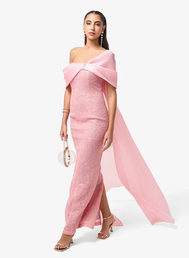 Threadz by Ajooni  One Shoulder Cape Detailed Maxi Dress for Women | Best Price UAE