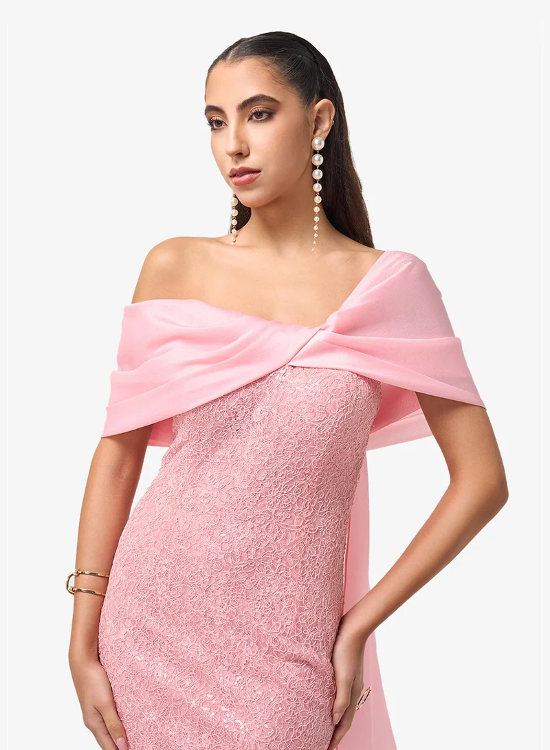 Threadz by Ajooni  One Shoulder Cape Detailed Maxi Dress for Women | Best Price UAE
