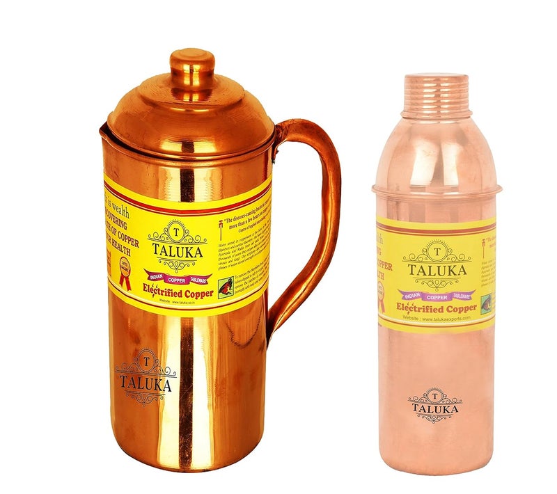 Taluka Plain Copper Jug Pitcher 1500 ml with 1 PC 800 ML Water Bottle Storage Drinking Home Hotel Tableware Pack of 2 - Image 1