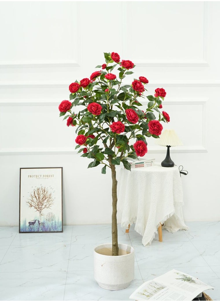 Brinaoki 150CM Rose Artificial Camellia Flower Tree, Faux Camellia Plant Blooming Potted Flower Tree Fake Tree with Simulated Flowers Realistic Leaves in Black Pot for Home Indoor Outdoor Porch Decor  - Image 1