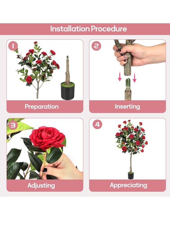 Brinaoki 150CM Rose Artificial Camellia Flower Tree, Faux Camellia Plant Blooming Potted Flower Tree Fake Tree with Simulated Flowers Realistic Leaves in Black Pot for Home Indoor Outdoor Porch Decor  - Image 3