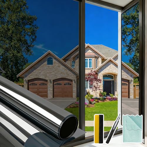 Bloss One Way Privacy Window Film, Reflective Window Tint for Home, Daytime Privacy Film See Out Not in, Sun Blocking Anti UV Windows Coverings with 3 Tools (Black Silver, 17.7"x78.7") - Image 1