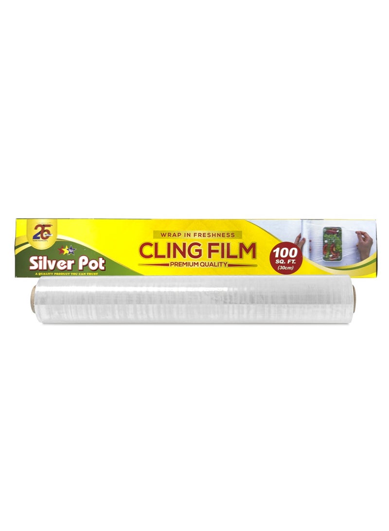 Silver Pot فيلم تغليف بولي إيثيلين ممتاز – 30 سم × 100 سم – لفة تغليف متينة، من الدرجة الغذائية للحفاظ على النضارة والحماية الفائقة – مثالية للحفظ، التخزين، وتغليف الطعام - Image 1