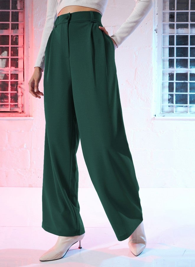 SASSAFRAS Green Loose Fit High-Rise Pleated Trousers for Women - Image 2
