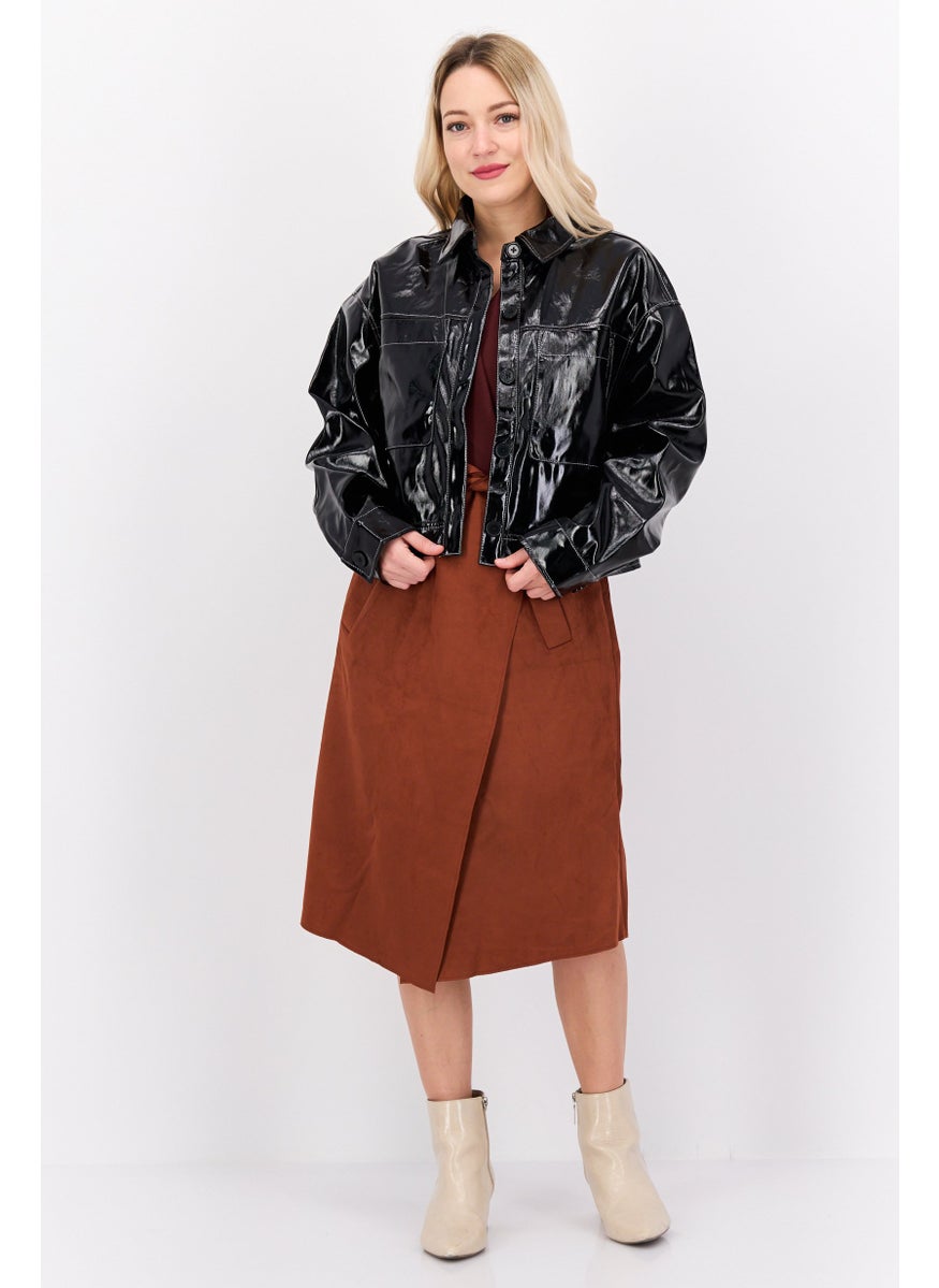 Violet Romance - Women Solid Leather Jacket, Black - Image 1