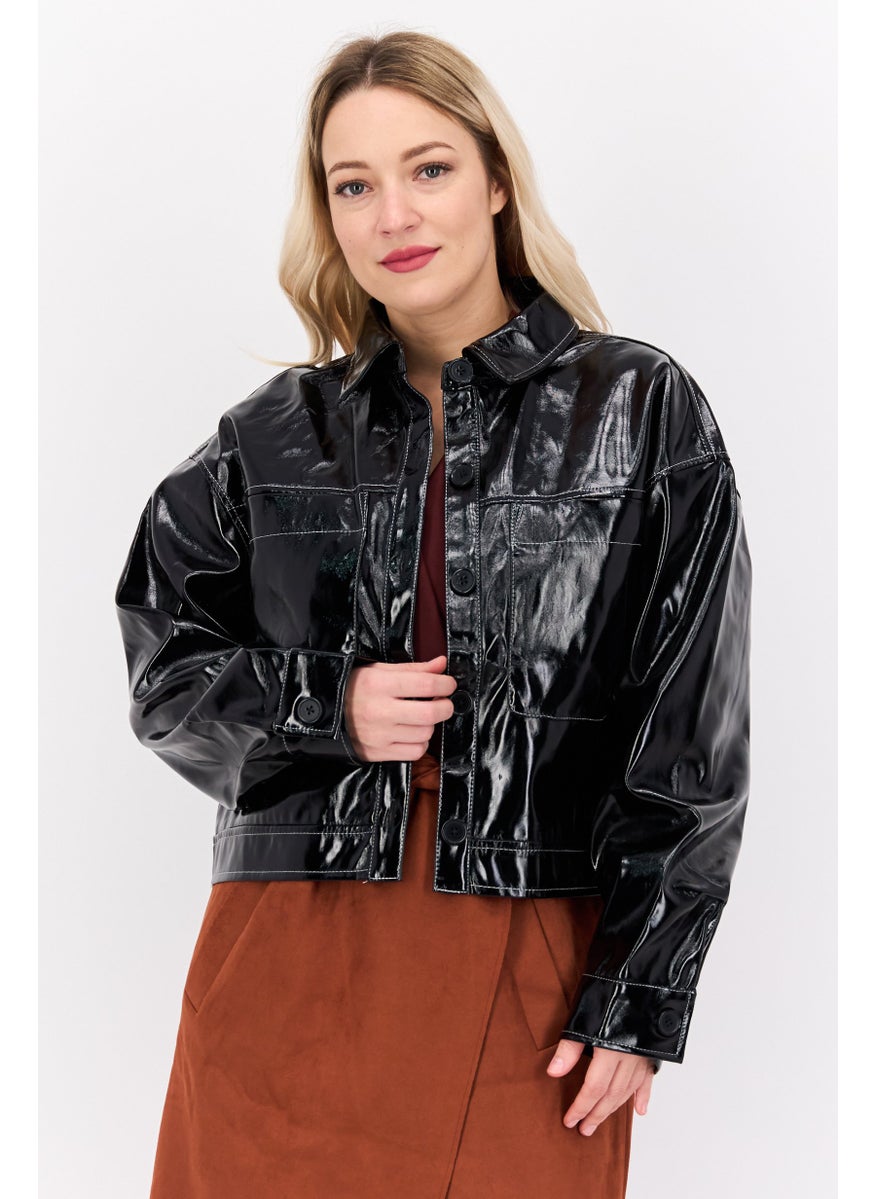 Violet Romance - Women Solid Leather Jacket, Black - Image 1