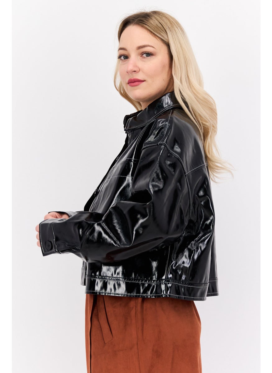 Violet Romance - Women Solid Leather Jacket, Black - Image 1