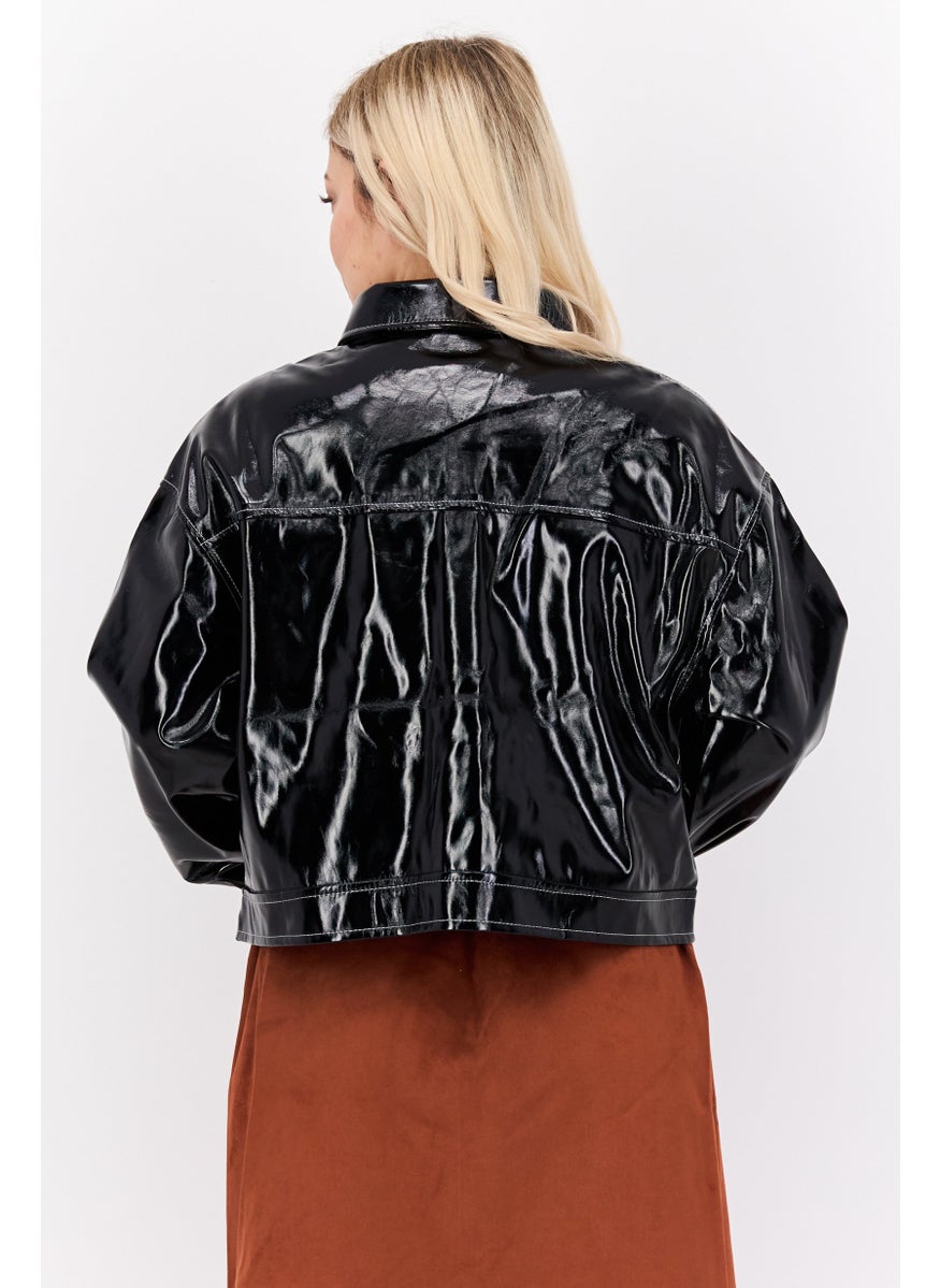 Violet Romance - Women Solid Leather Jacket, Black - Image 1
