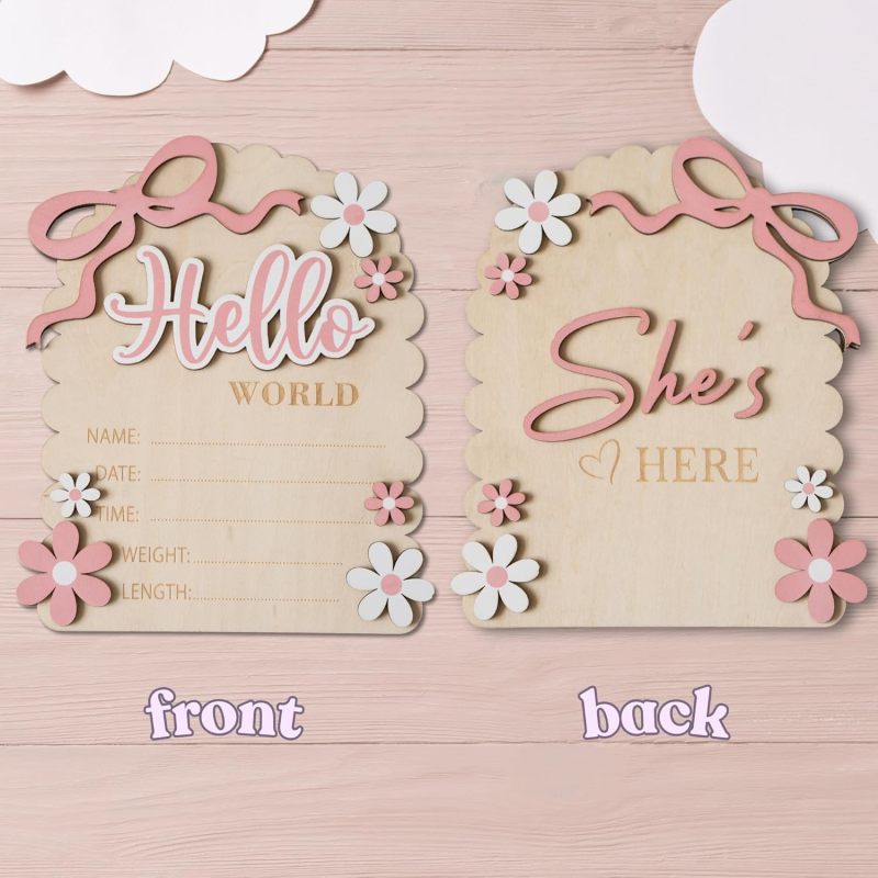 Hello World Sign Double Sided 17.5cm Pink Newborn Announcement - She's Here Reverse Baby Girl Photo Prop for Hospital Birth Photography Nursery Decor - Image 2