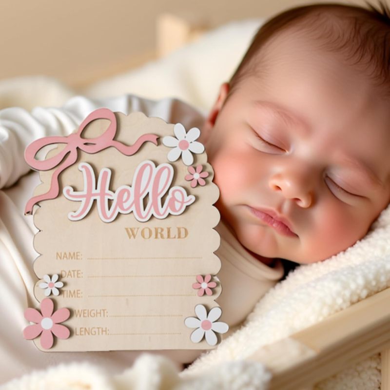 Hello World Sign Double Sided 17.5cm Pink Newborn Announcement - She's Here Reverse Baby Girl Photo Prop for Hospital Birth Photography Nursery Decor - Image 3