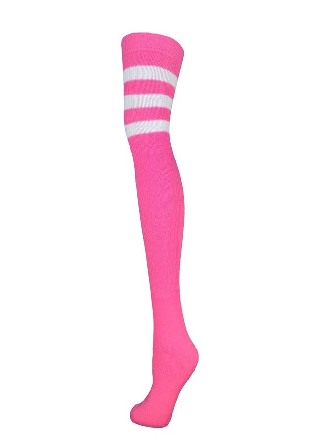 AJs Retro Thigh High Tube Socks - Pink, White - Image 1